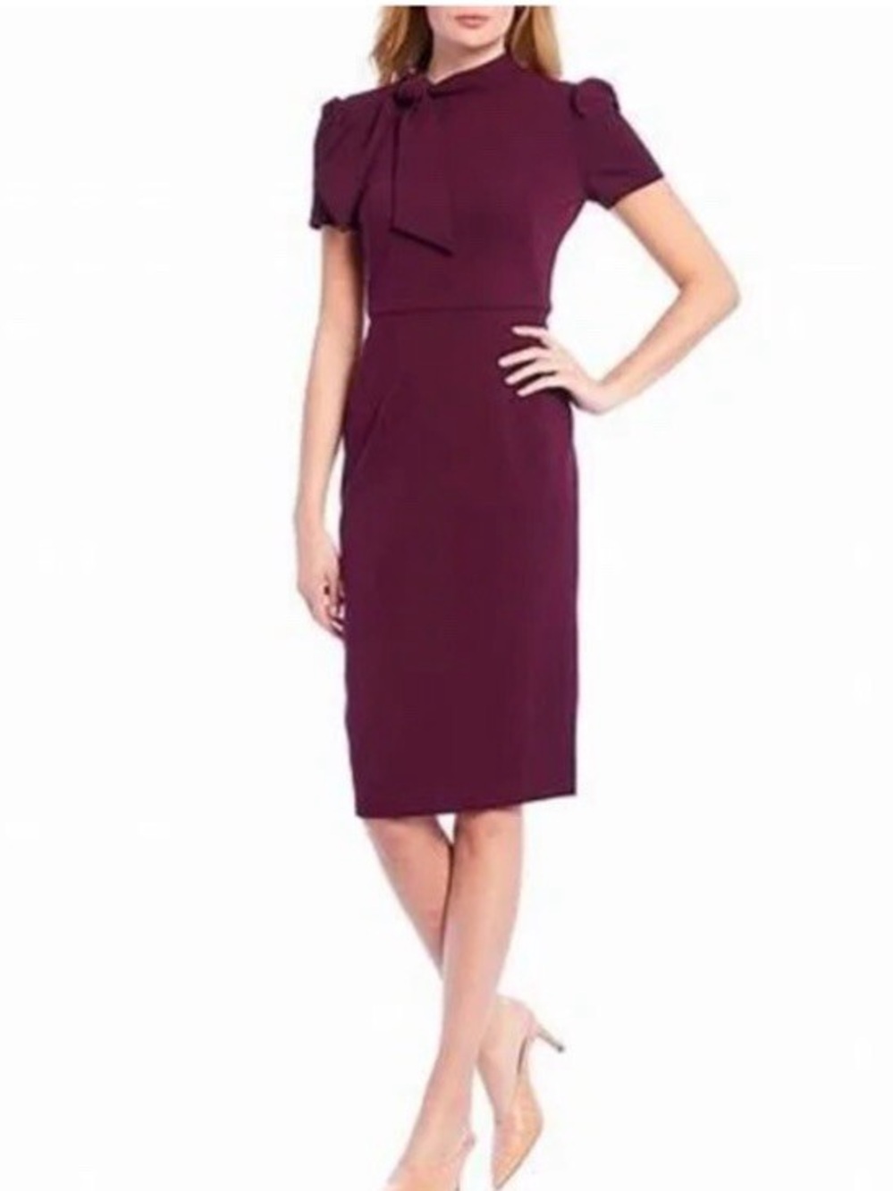 Maggy London Pusey Bow Neck Tie Dress 8 Midi Wine Red Puff Sleeve